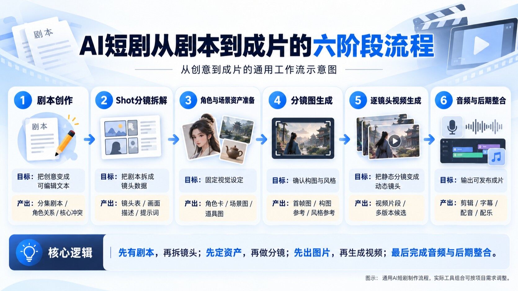 AI短剧从剧本创作到分镜、资产、图片、视频和后期的六阶段制作流程图