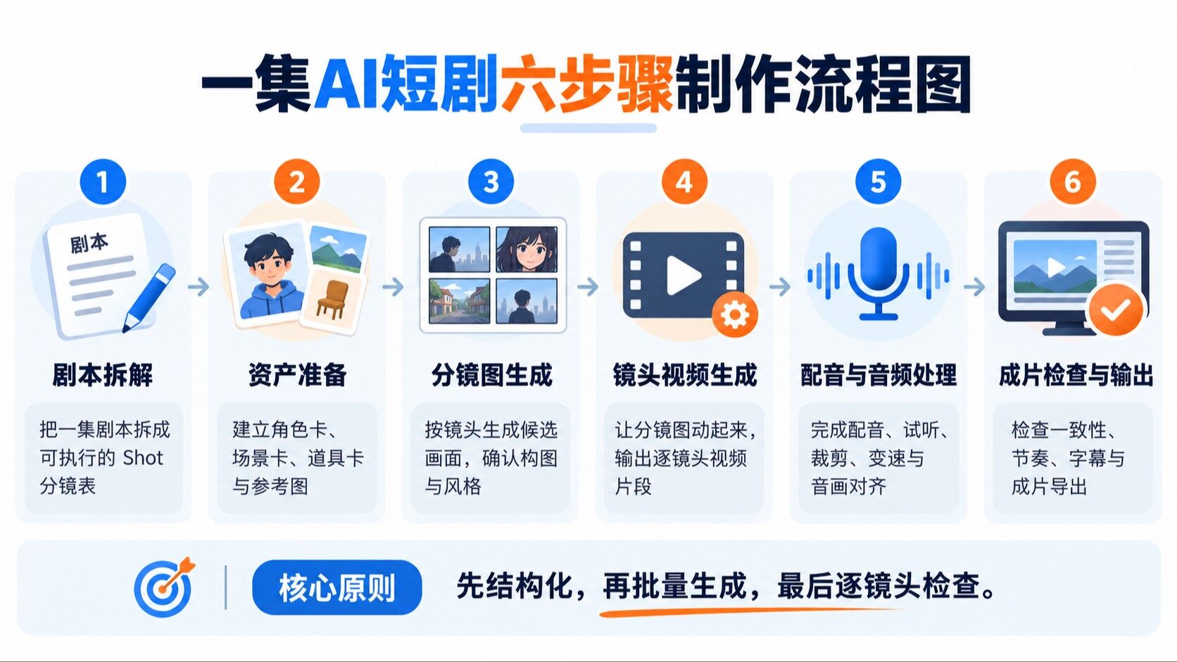AI短剧从剧本拆解、角色资产准备、分镜图、视频生成到配音后期的六步骤制作流程